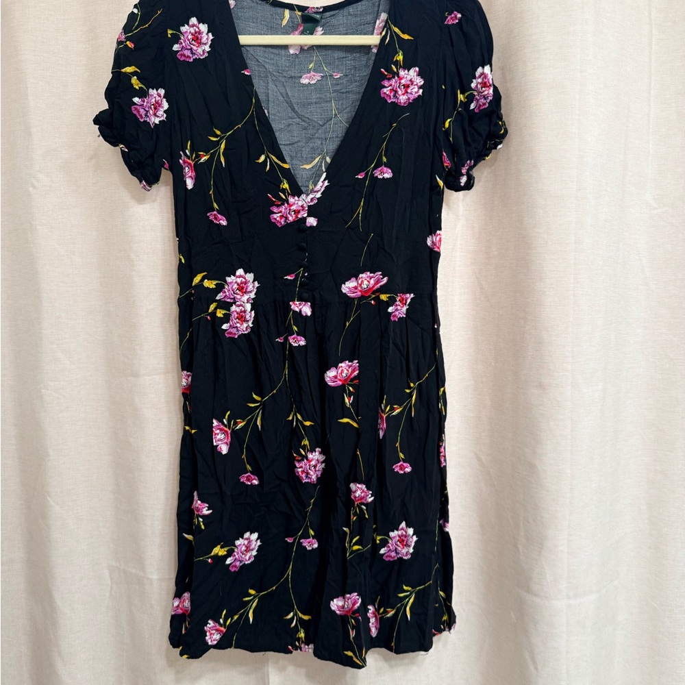 Wild Fable Floral Puff Sleeve Black Dress M